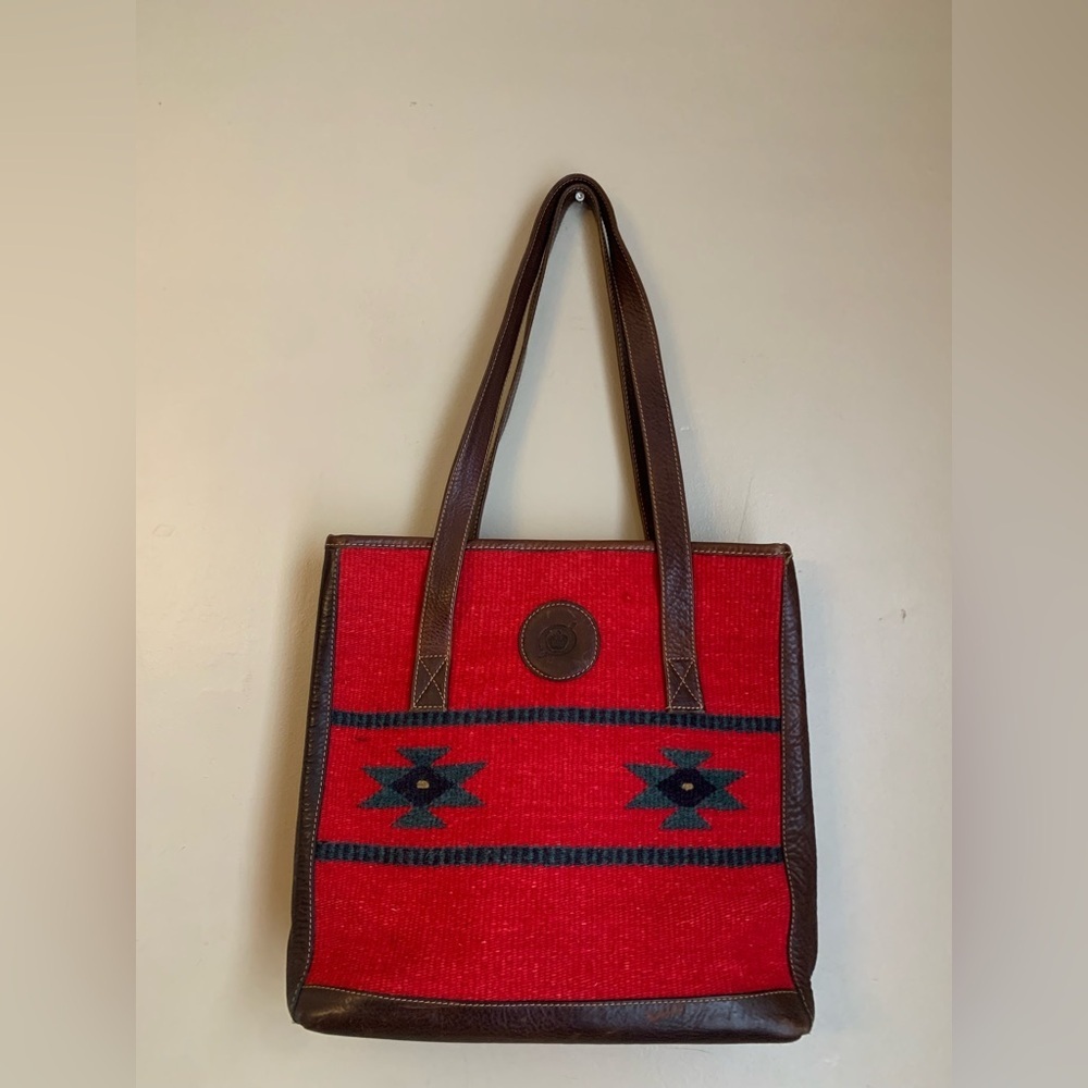 BORN Leather Woven Southwest Print Red Brown Handbag Purse Tote Western Boho